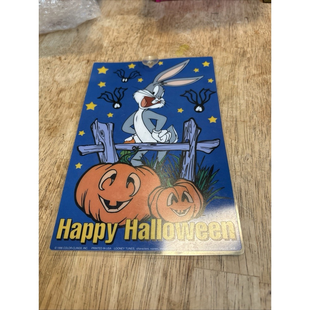 🎃VINTAGE LOONEY TUNES HAPPY HALLOWEEN BUGS BUNNY 9x6 Window Suction Cup Hanger